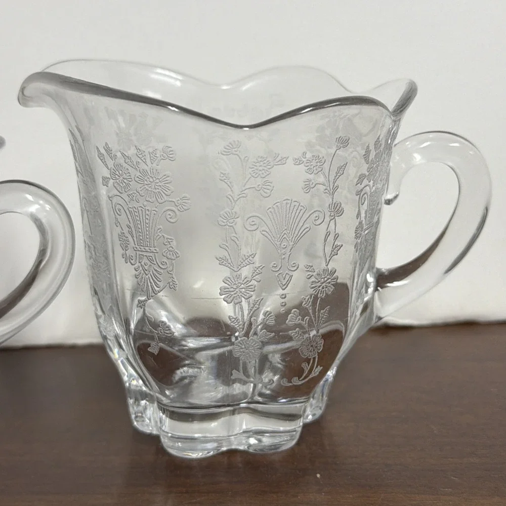 Duncan & Miller Canterbury Line‎ Etched Glass Cream and Sugar Bowl Floral Design